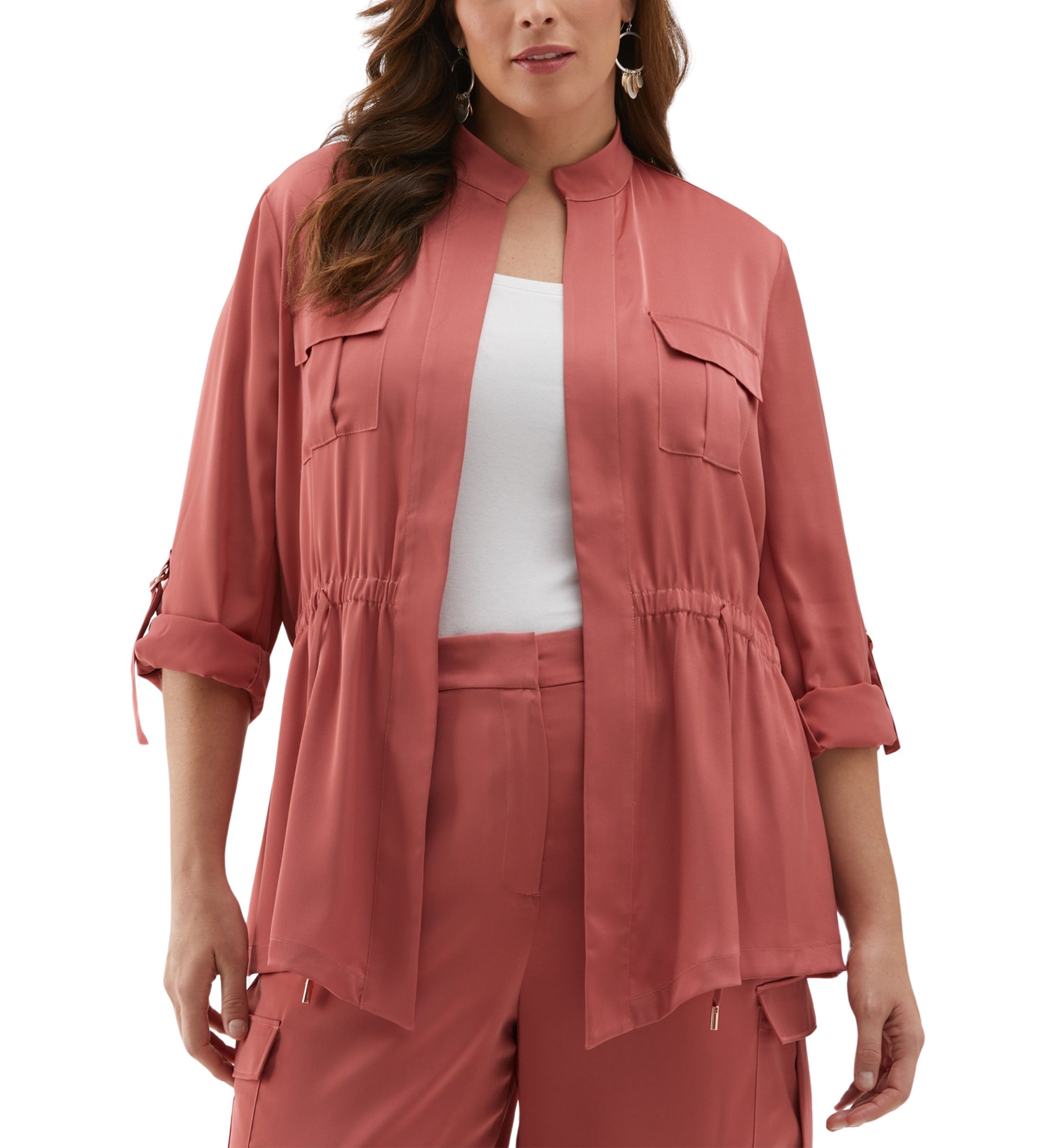 Plus Size Shine Roll Tab Sleeve Jacket with Drawstring Waist