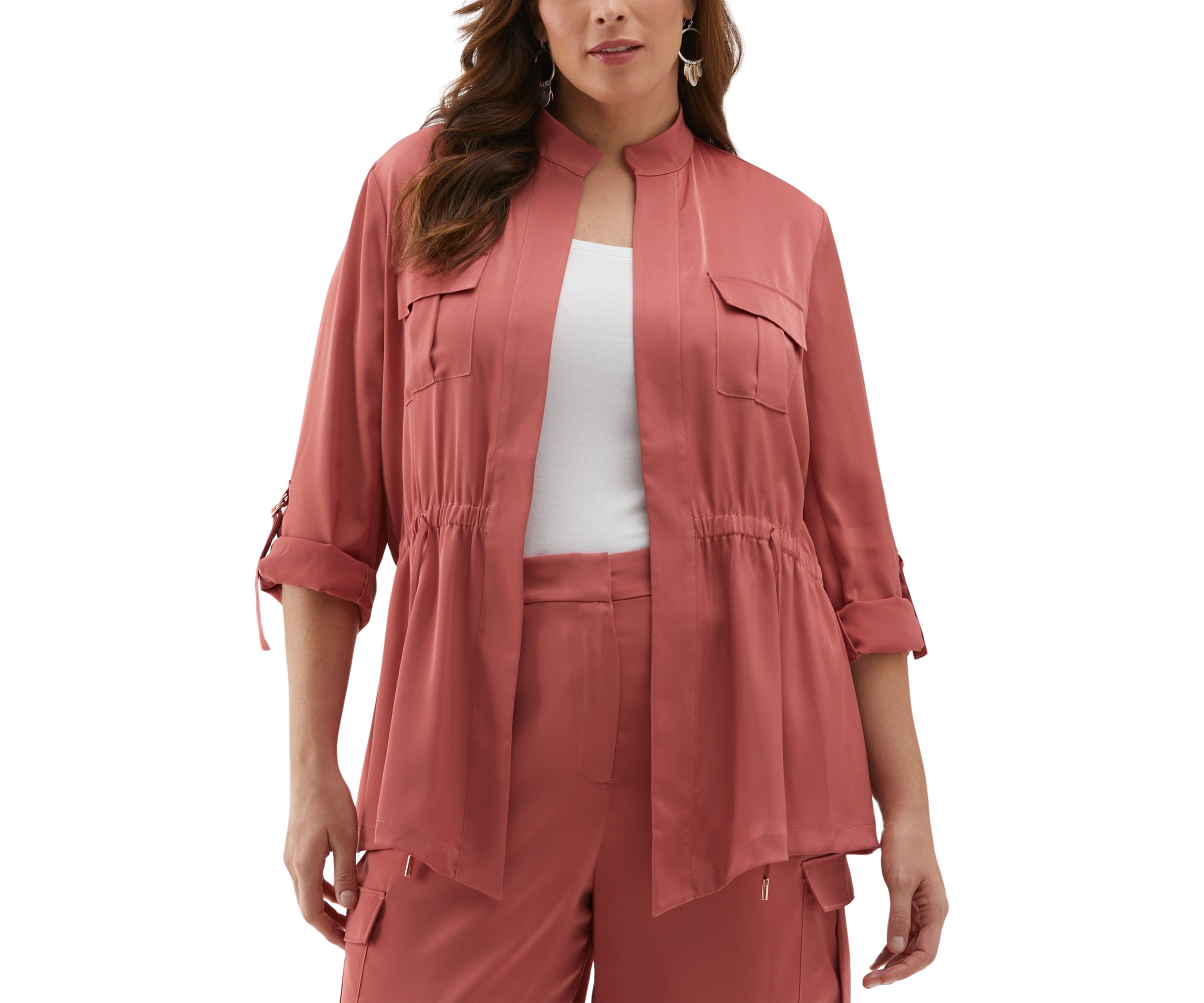 Plus Size Shine Roll Tab Sleeve Jacket with Drawstring Waist