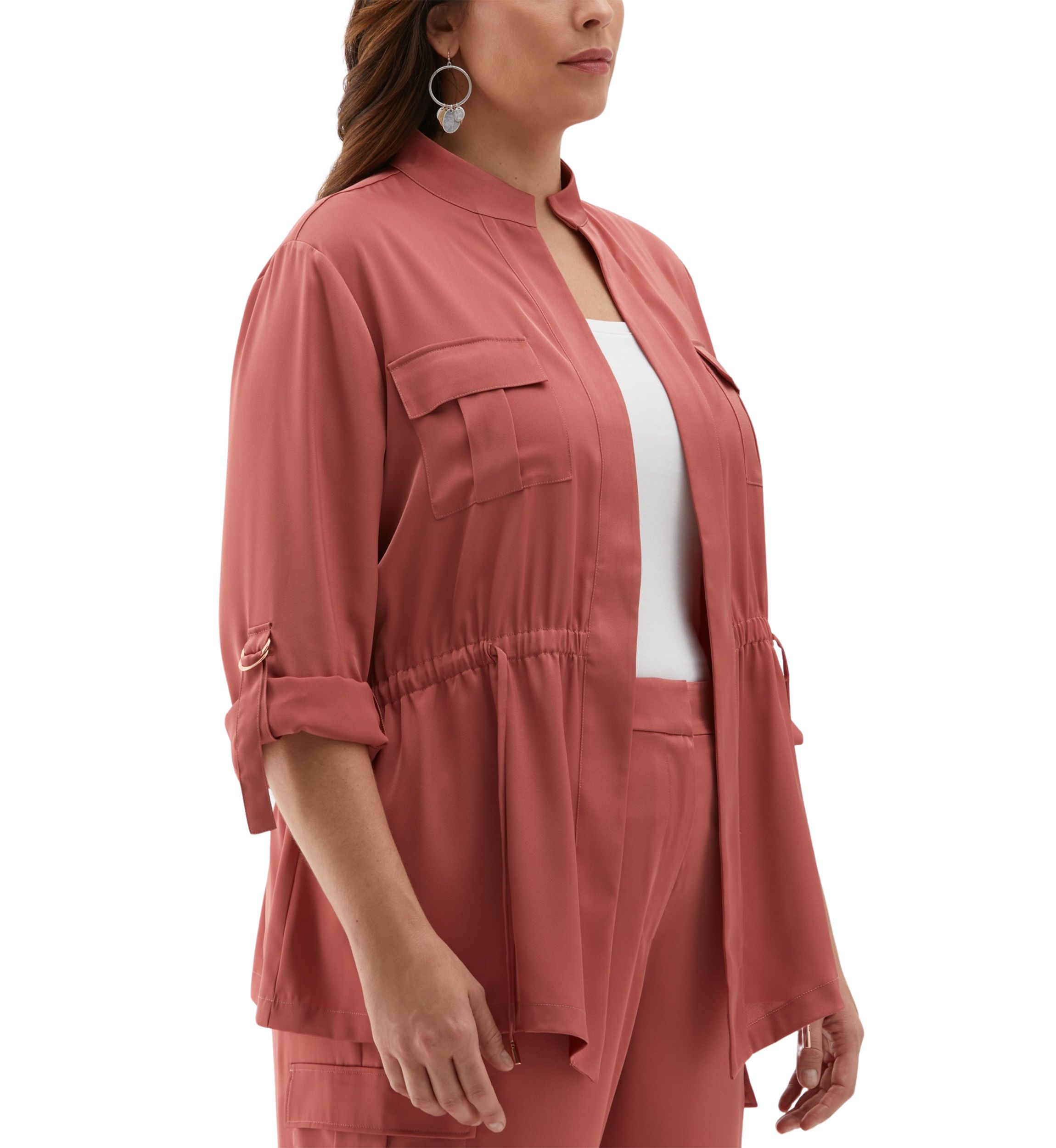 Plus Size Shine Roll Tab Sleeve Jacket with Drawstring Waist