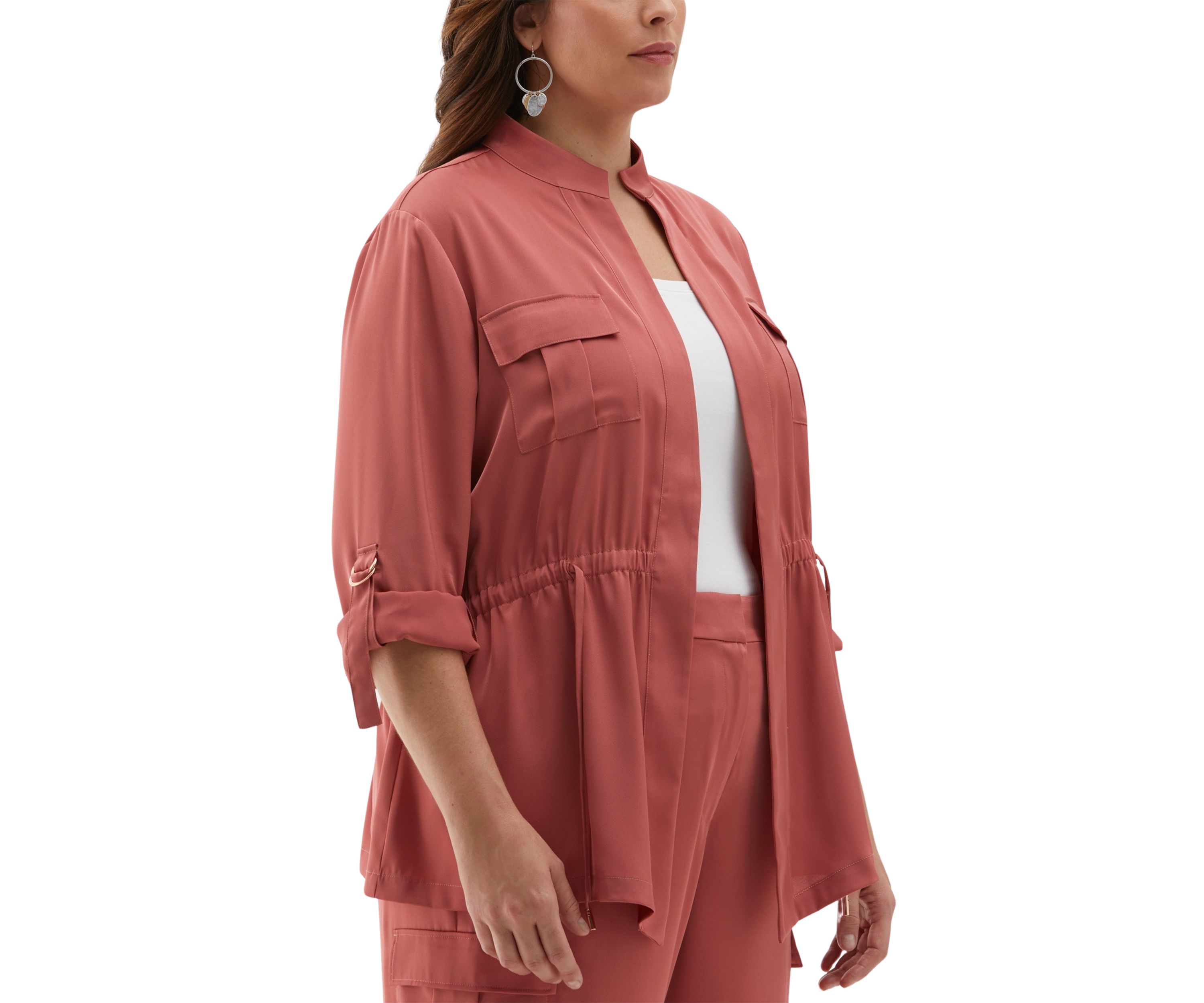 Plus Size Shine Roll Tab Sleeve Jacket with Drawstring Waist