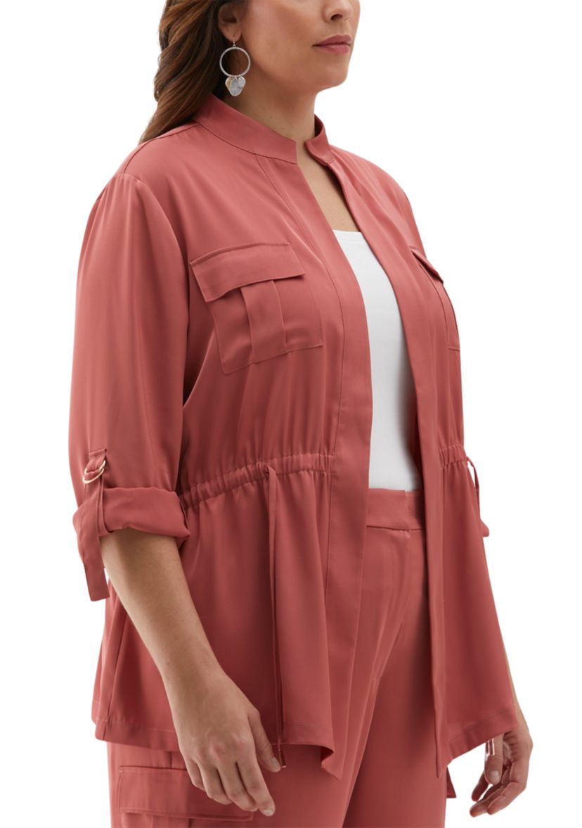 Plus Size Shine Roll Tab Sleeve Jacket with Drawstring Waist