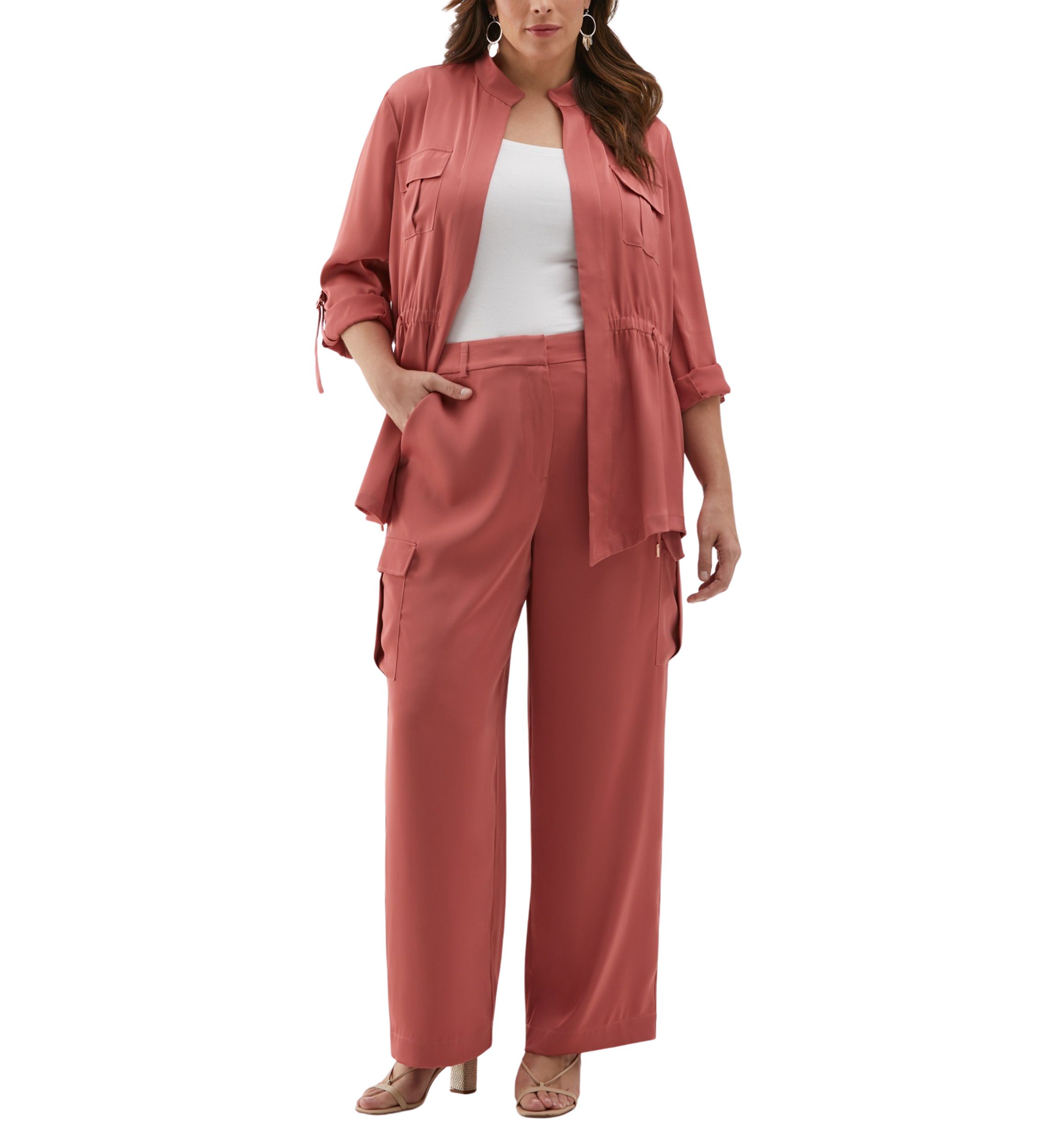 Plus Size Shine Roll Tab Sleeve Jacket with Drawstring Waist