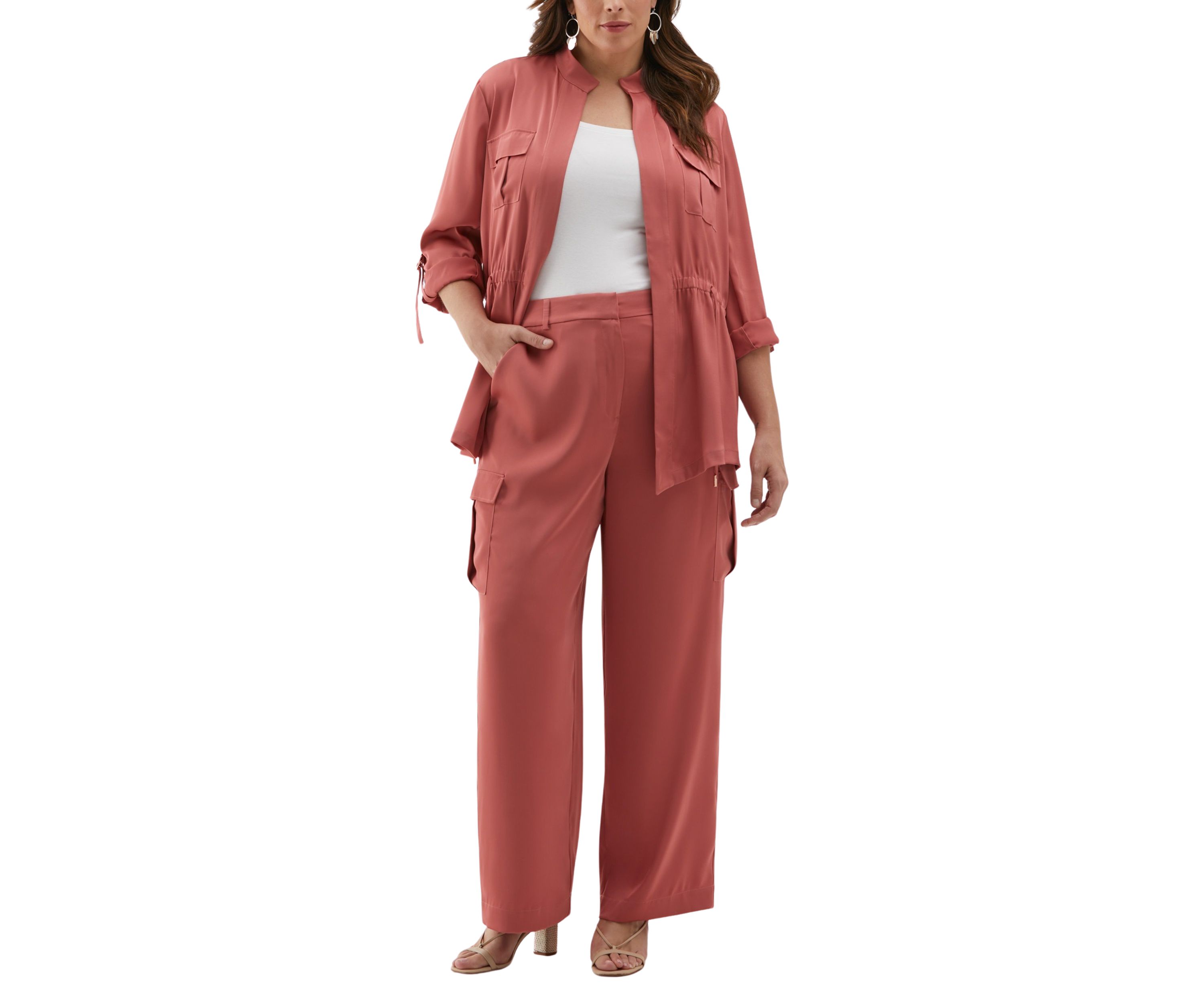 Plus Size Shine Roll Tab Sleeve Jacket with Drawstring Waist