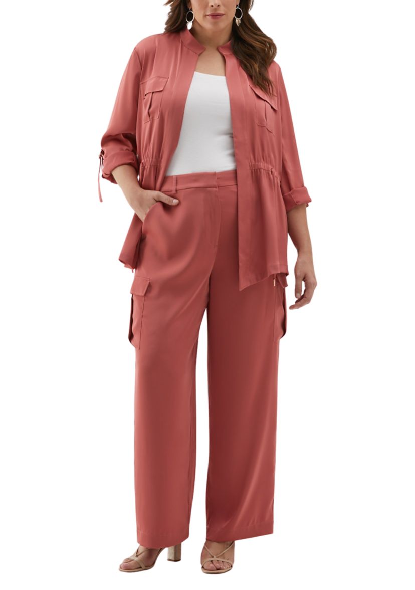 Plus Size Shine Roll Tab Sleeve Jacket with Drawstring Waist