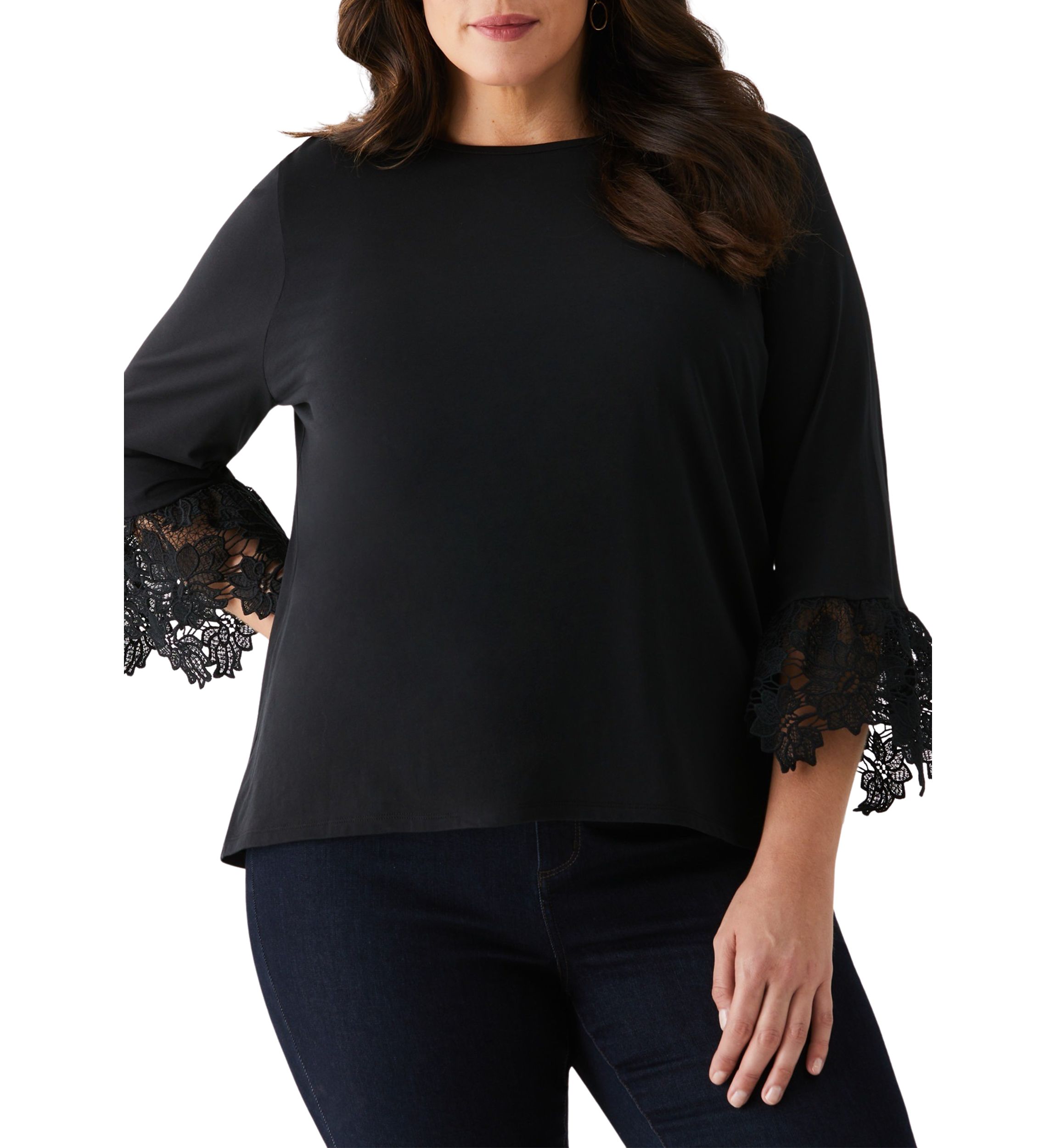 Plus Size Lace Trim Bell Sleeve Top