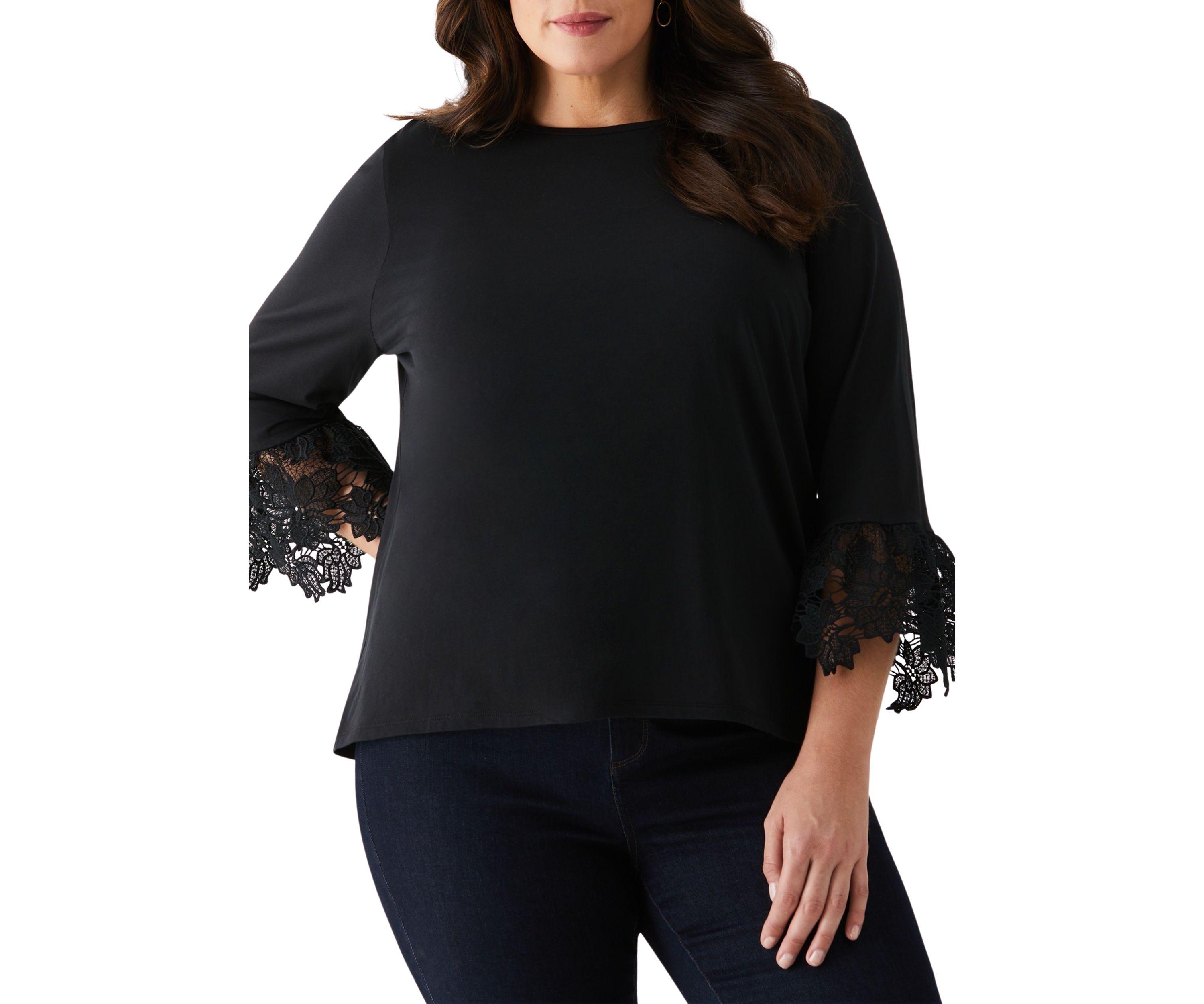 Plus Size Lace Trim Bell Sleeve Top
