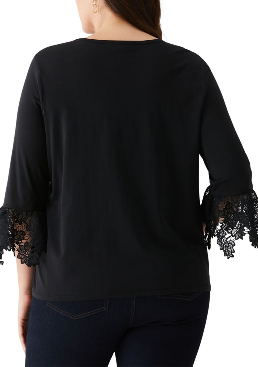 Plus Size Lace Trim Bell Sleeve Top