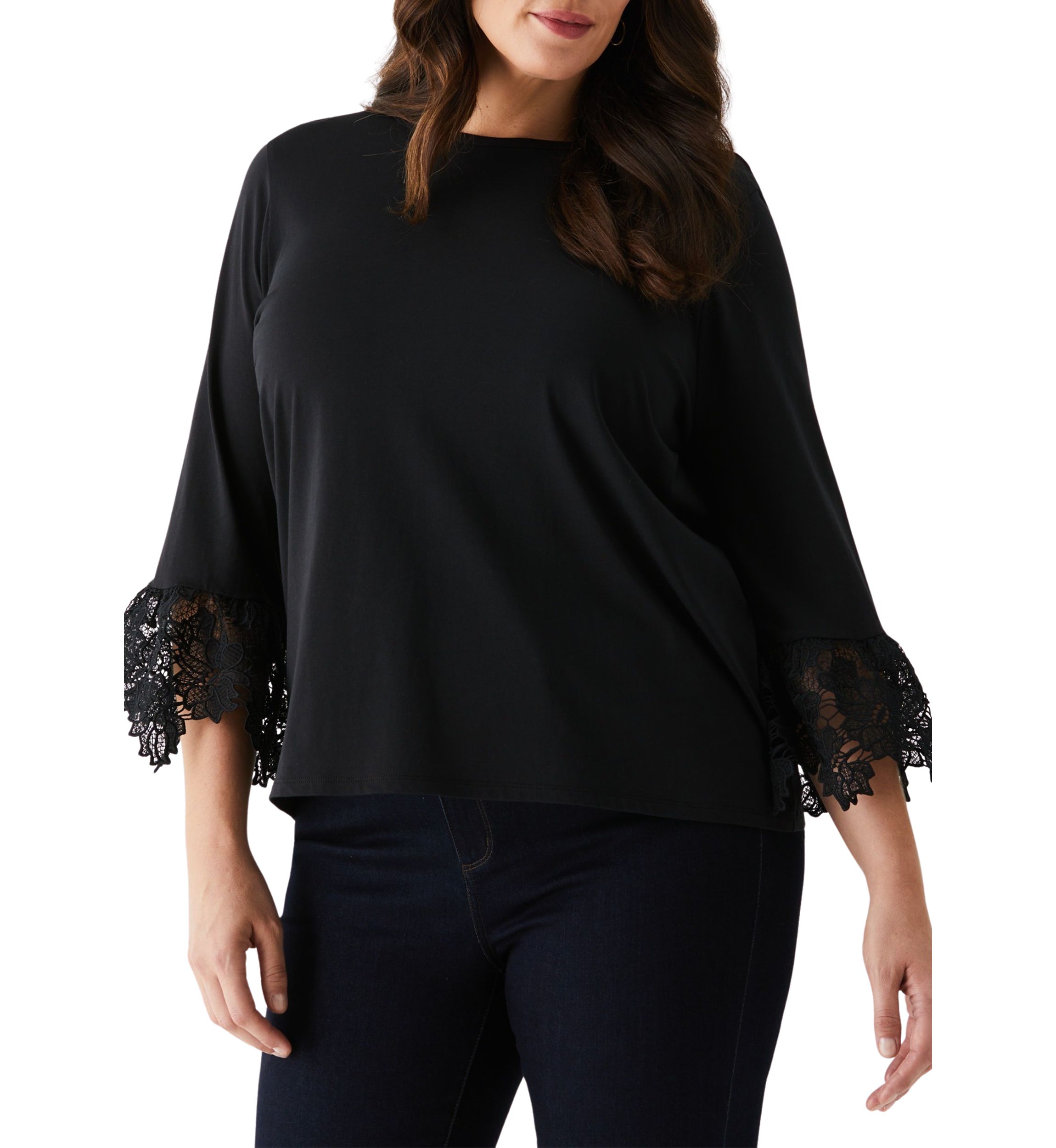 Plus Size Lace Trim Bell Sleeve Top