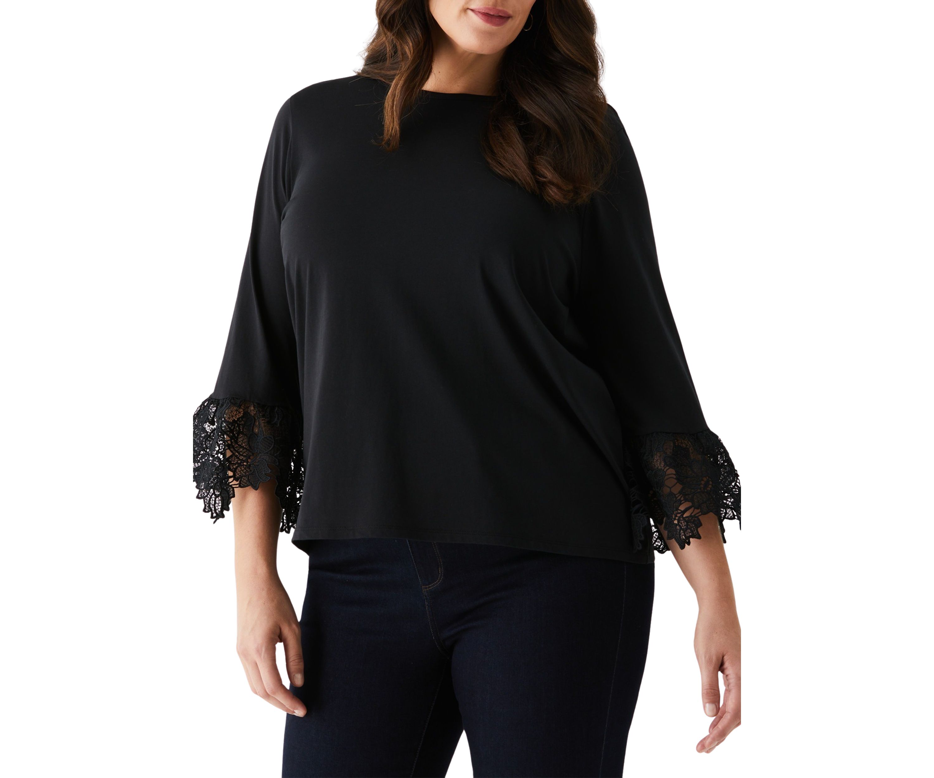 Plus Size Lace Trim Bell Sleeve Top