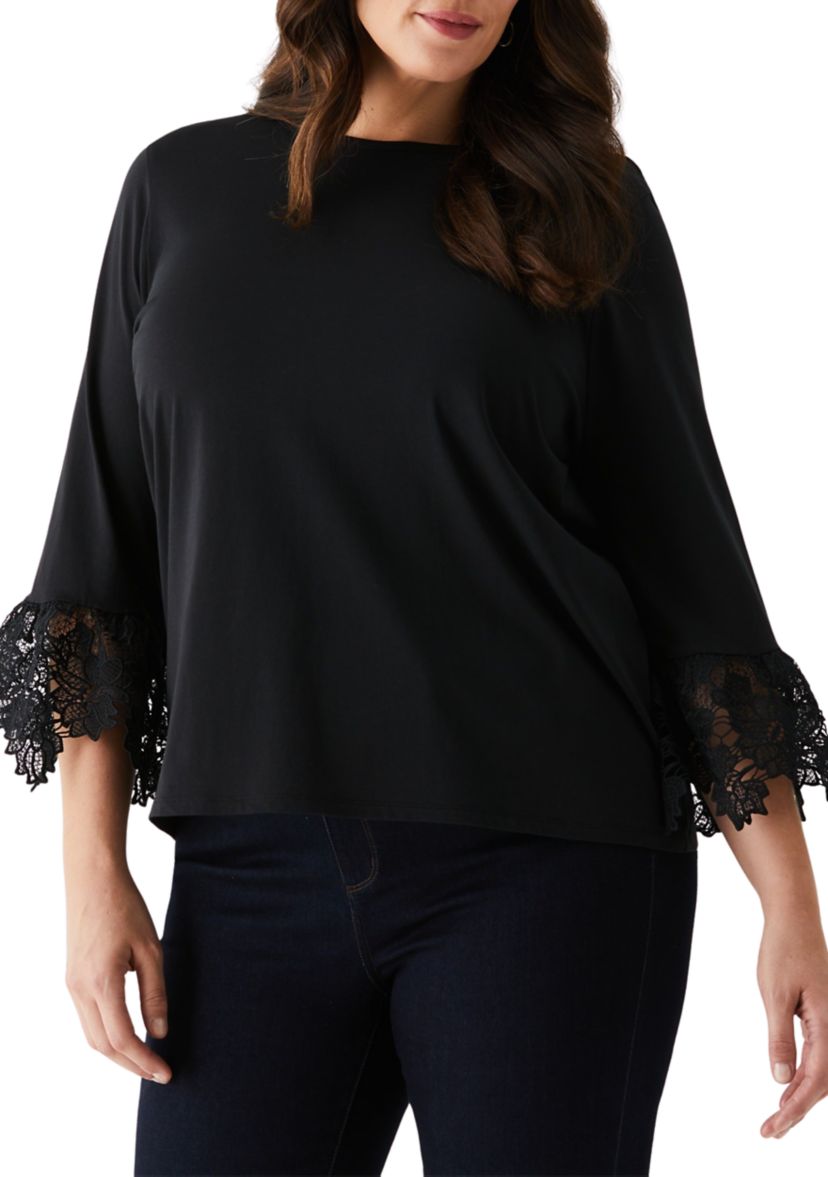 Plus Size Lace Trim Bell Sleeve Top