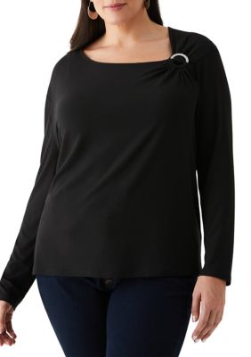 ELLA Rafaella Women's Plus Size Asymmetrical Neck Top, Black, 0X