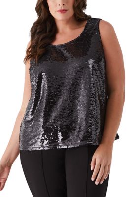 Black Plus Size Drape Neck Sequin Tank Top