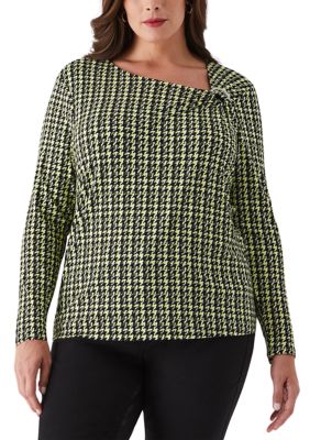 ELLA Rafaella Women's Plus Size Houndstooth Print Asymmetric Neck Long Sleeve Top, Black, 0X