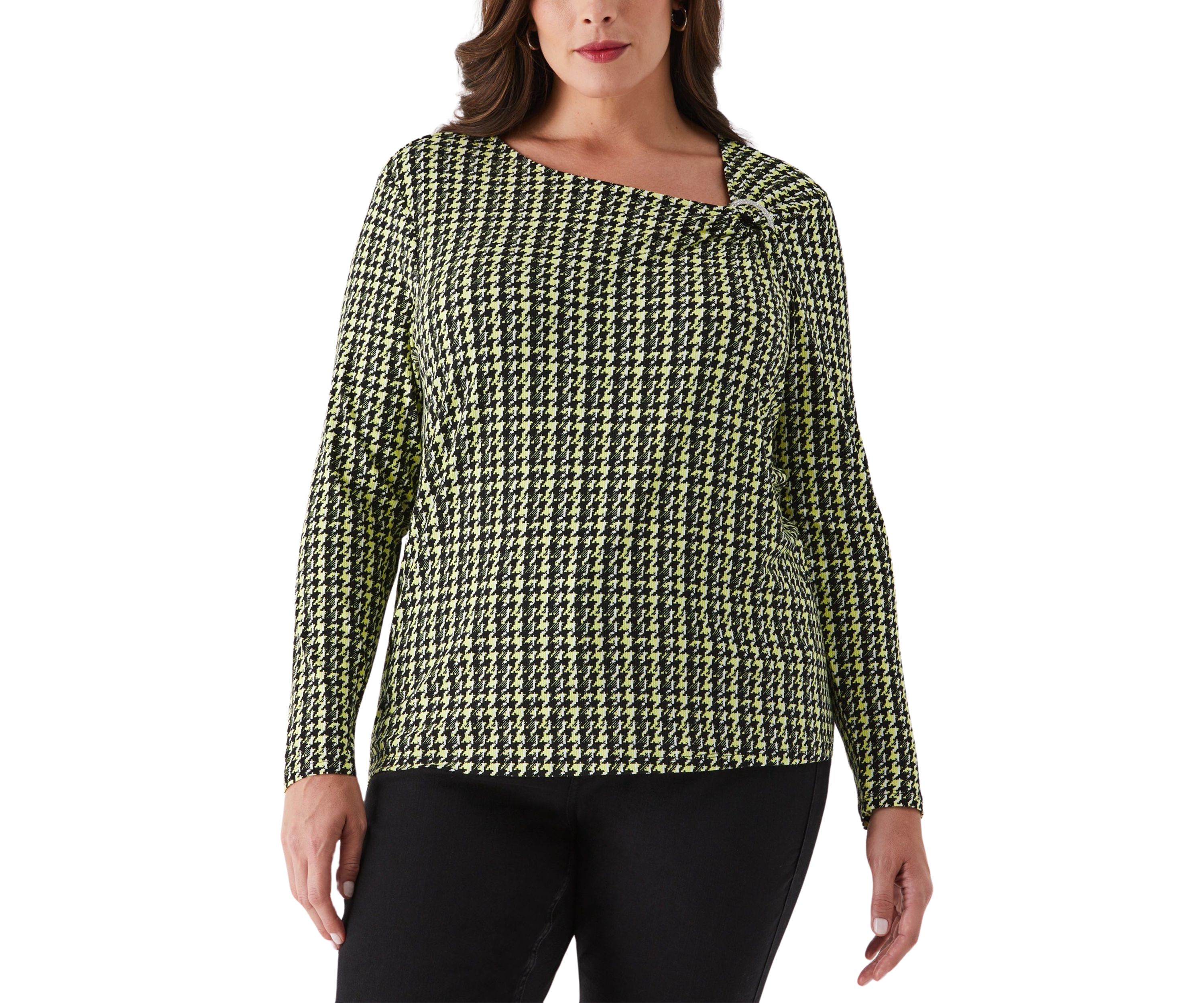 Plus Size Houndstooth Print Asymmetric Neck Long Sleeve Top