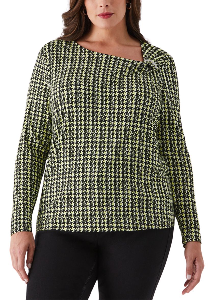 Plus Size Houndstooth Print Asymmetric Neck Long Sleeve Top