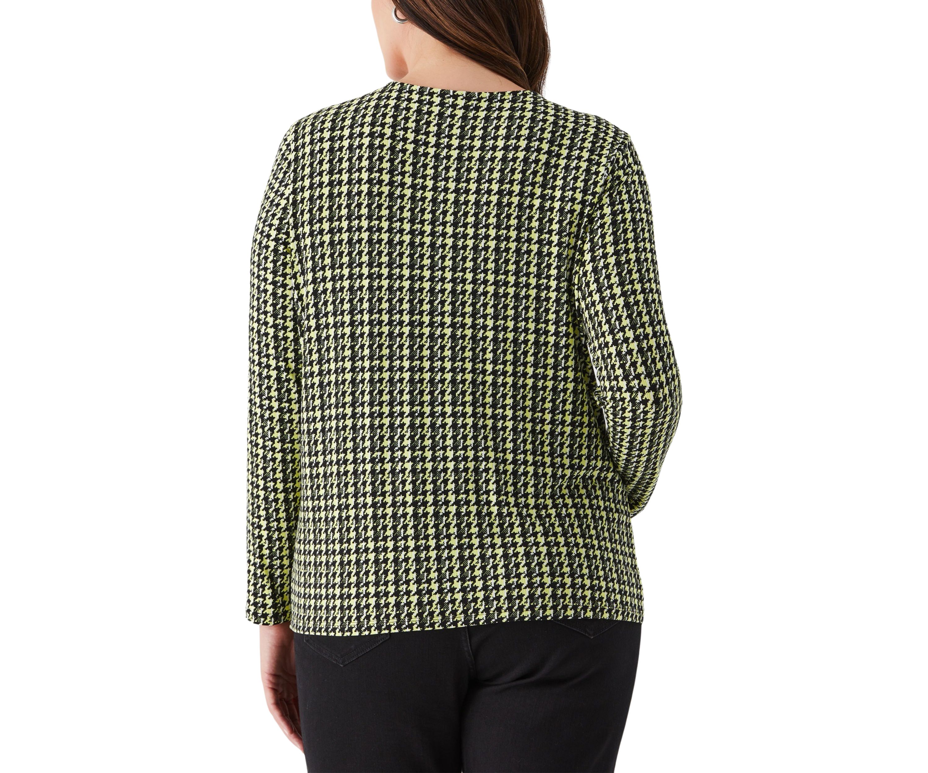 Plus Size Houndstooth Print Asymmetric Neck Long Sleeve Top