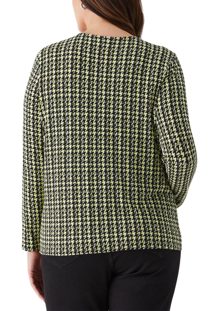 Plus Size Houndstooth Print Asymmetric Neck Long Sleeve Top