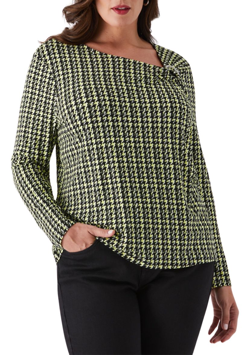 Plus Size Houndstooth Print Asymmetric Neck Long Sleeve Top