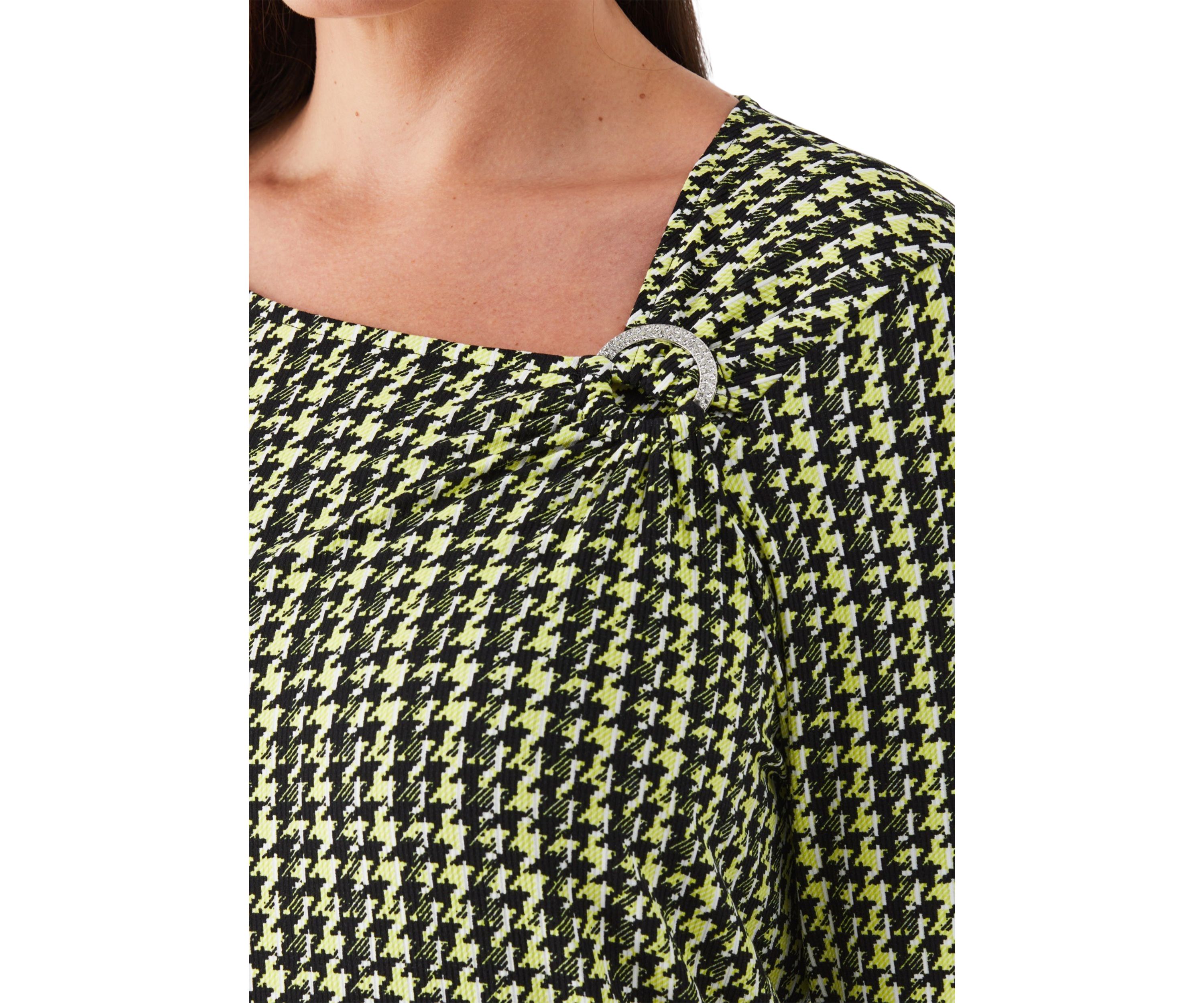 Plus Size Houndstooth Print Asymmetric Neck Long Sleeve Top