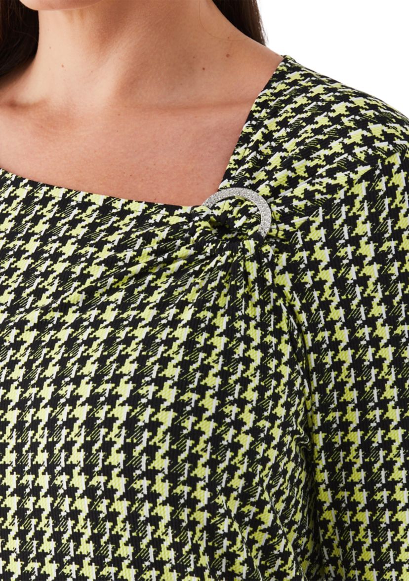 Plus Size Houndstooth Print Asymmetric Neck Long Sleeve Top