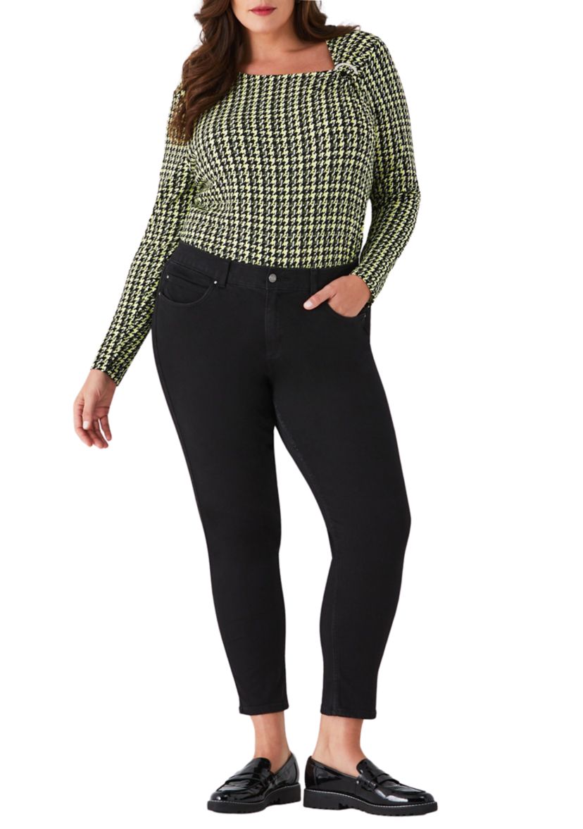 Plus Size Houndstooth Print Asymmetric Neck Long Sleeve Top