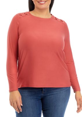 ELLA Rafaella Women's Plus Size Lace-Up Long Sleeve T-Shirt