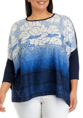 ELLA Rafaella Women's Plus Size Paisley Print Woven Front Knit 3/4 Sleeve Top, Navy Blue, 1X/2X