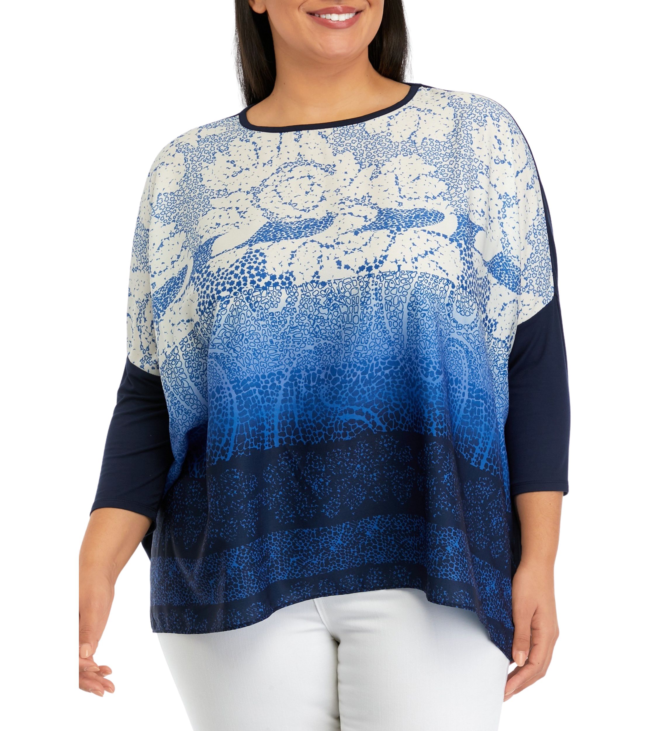 Plus Size Paisley Print Woven Front Knit 3/4 Sleeve Top