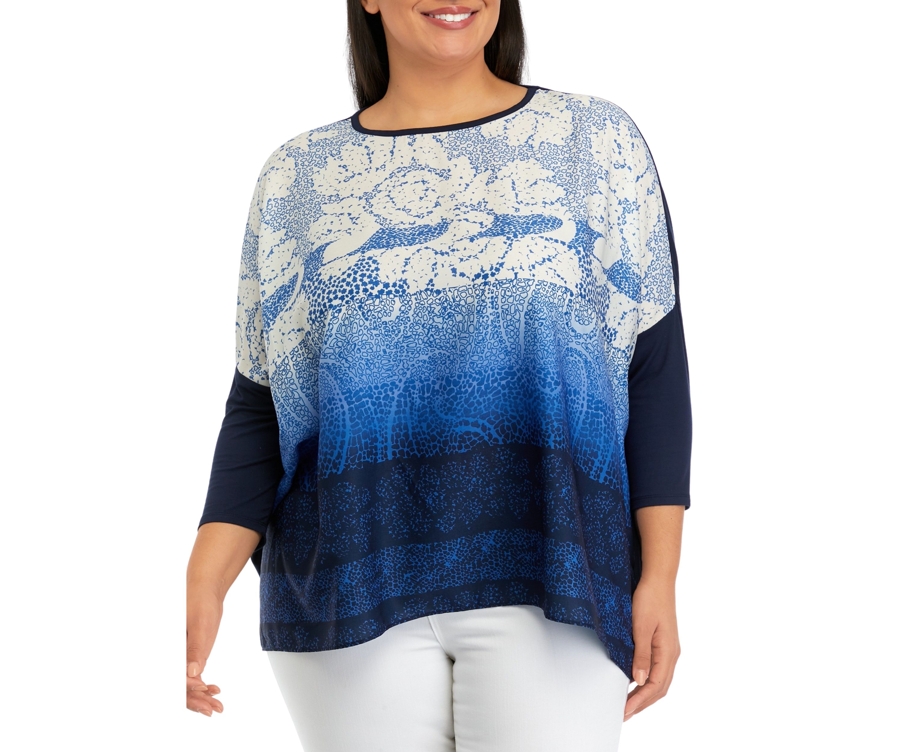 Plus Size Paisley Print Woven Front Knit 3/4 Sleeve Top