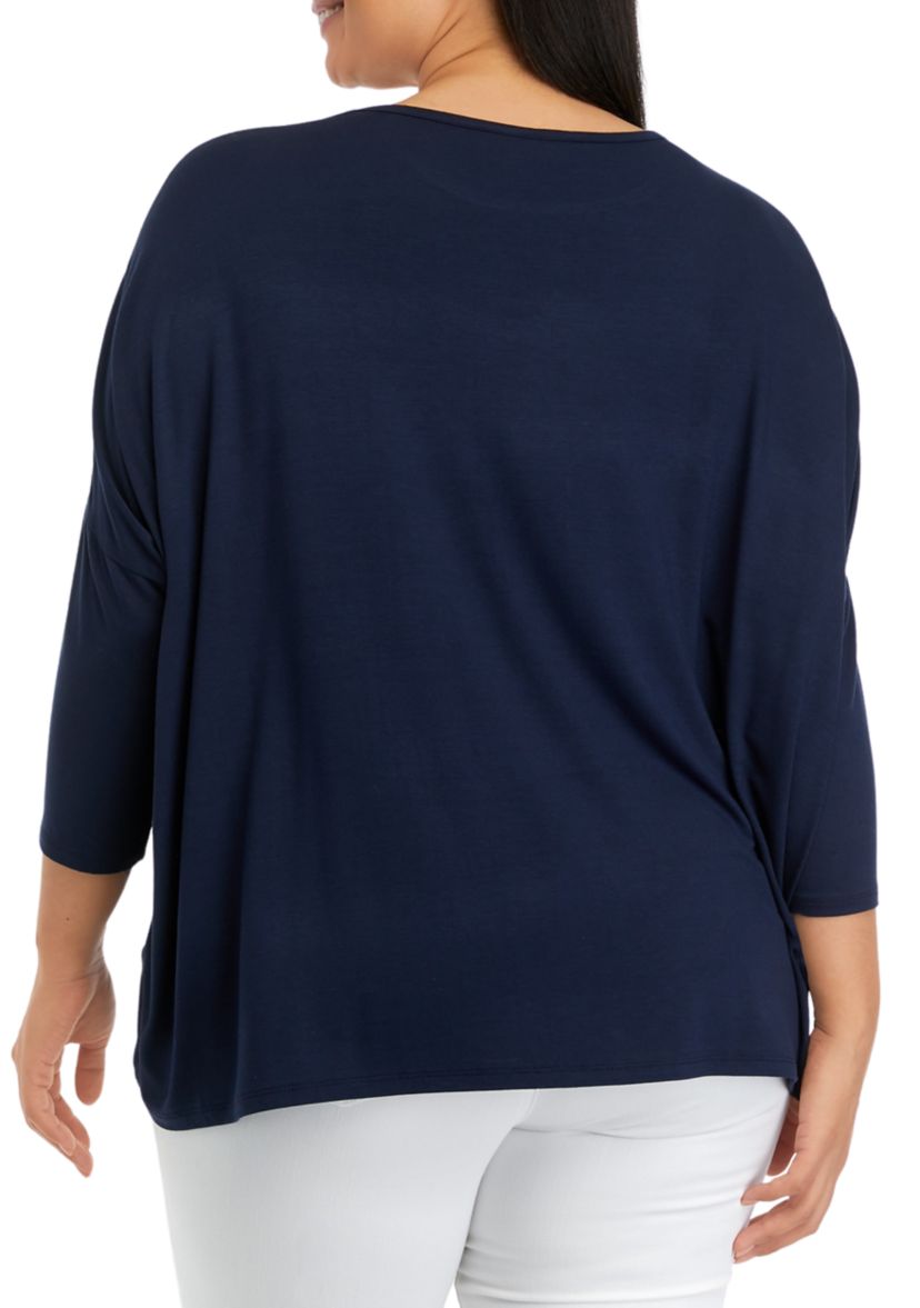 Plus Size Paisley Print Woven Front Knit 3/4 Sleeve Top