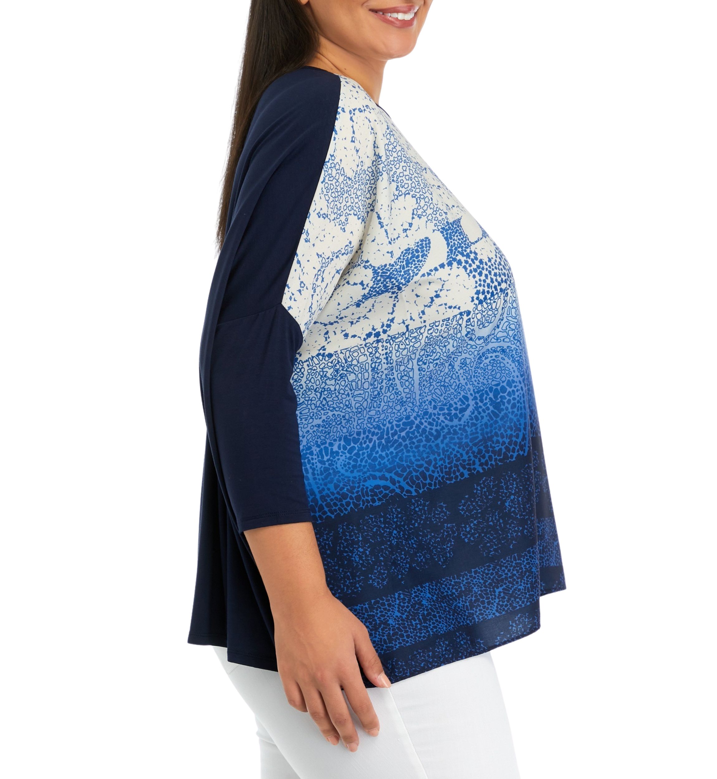 Plus Size Paisley Print Woven Front Knit 3/4 Sleeve Top