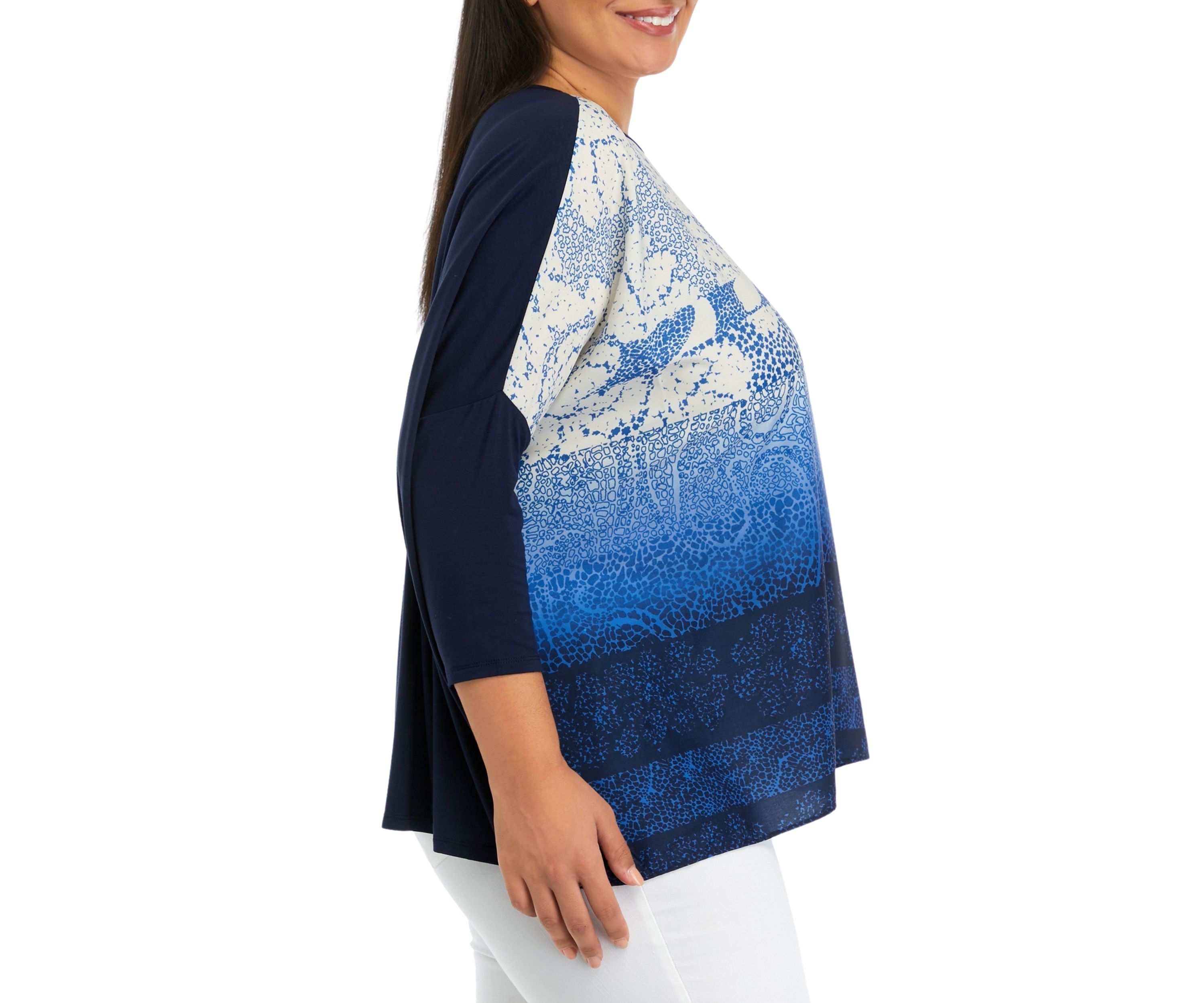 Plus Size Paisley Print Woven Front Knit 3/4 Sleeve Top