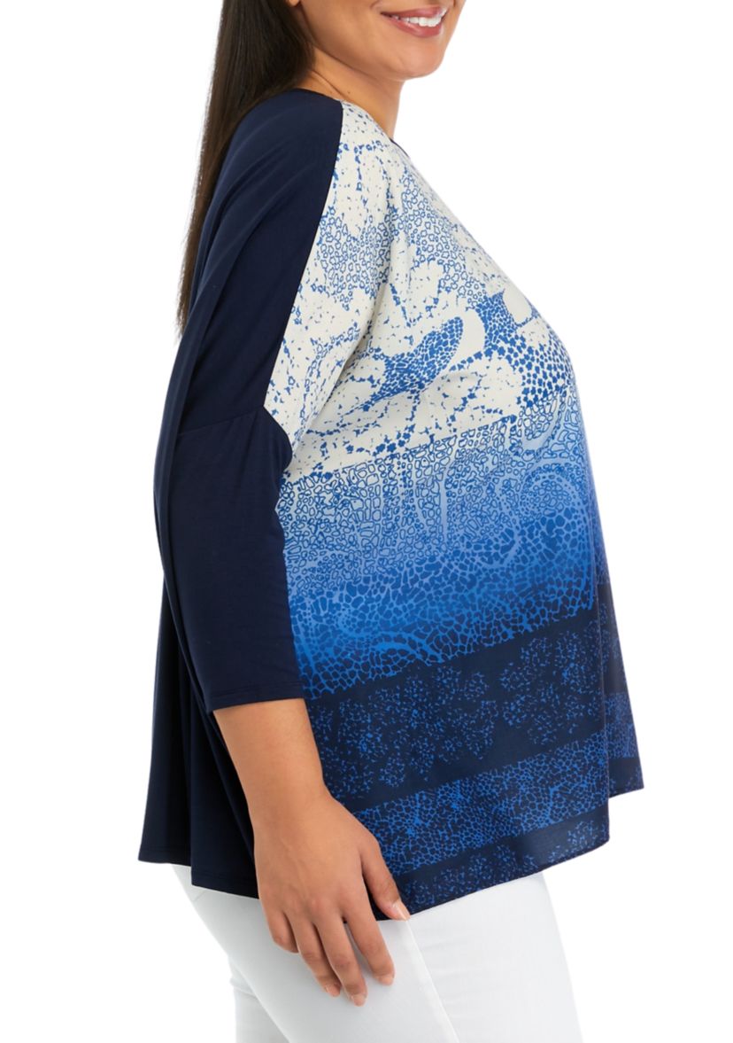 Plus Size Paisley Print Woven Front Knit 3/4 Sleeve Top