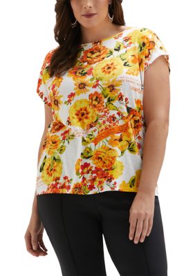 ELLA Rafaella Women's Plus Size Seed Packet Print Rivet Detail Sleeveless Tank Top, White, 3X