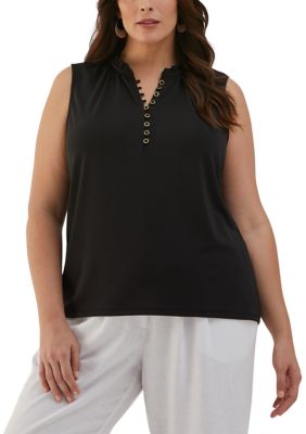 ELLA Rafaella Women's Plus Size Button Front Ruffle Sleeveless Tank Top, Black, 1X