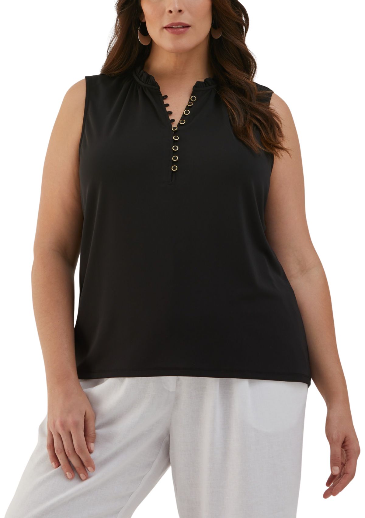 Plus Size Button Front Ruffle Sleeveless Tank Top