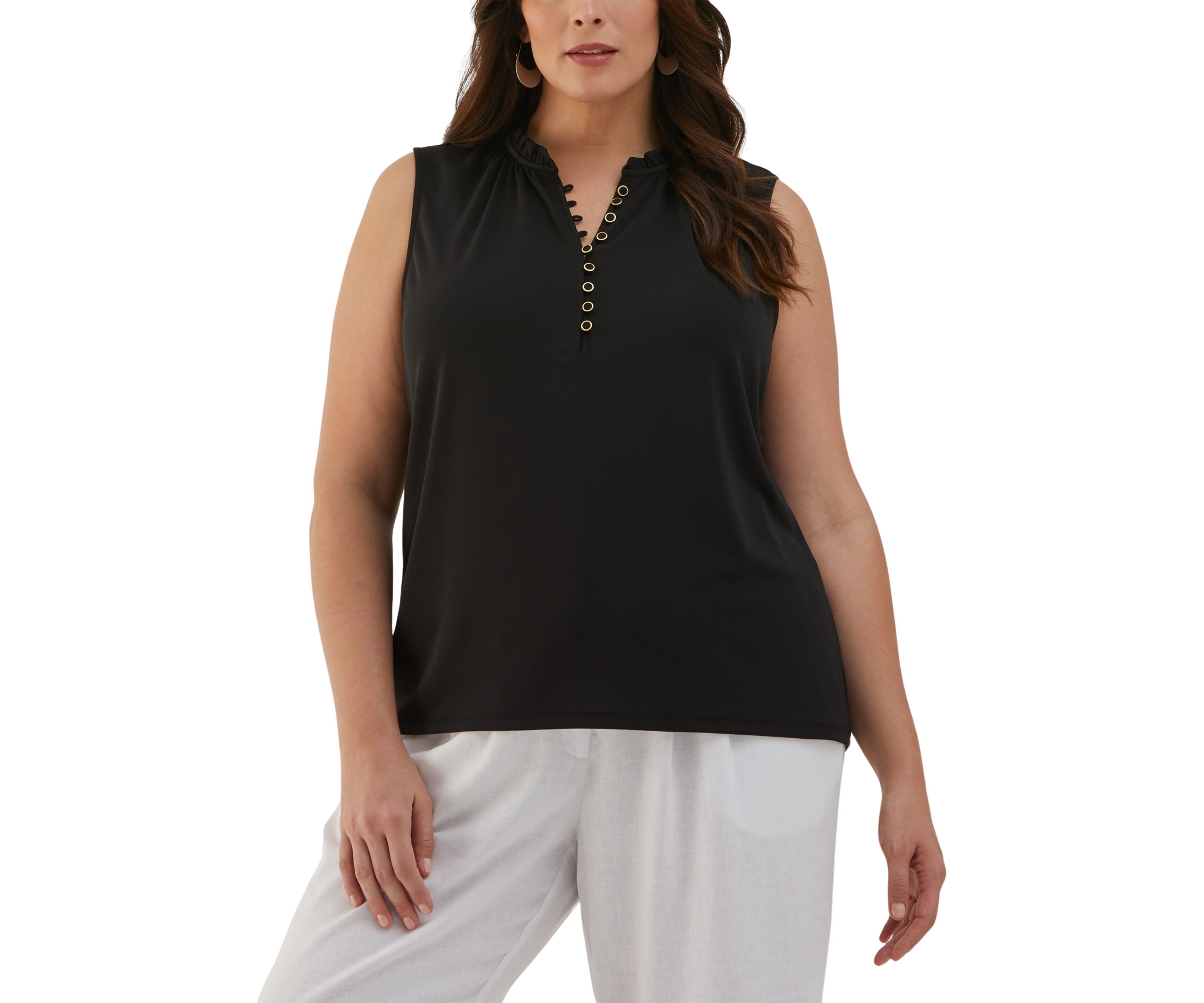 Plus Size Button Front Ruffle Sleeveless Tank Top
