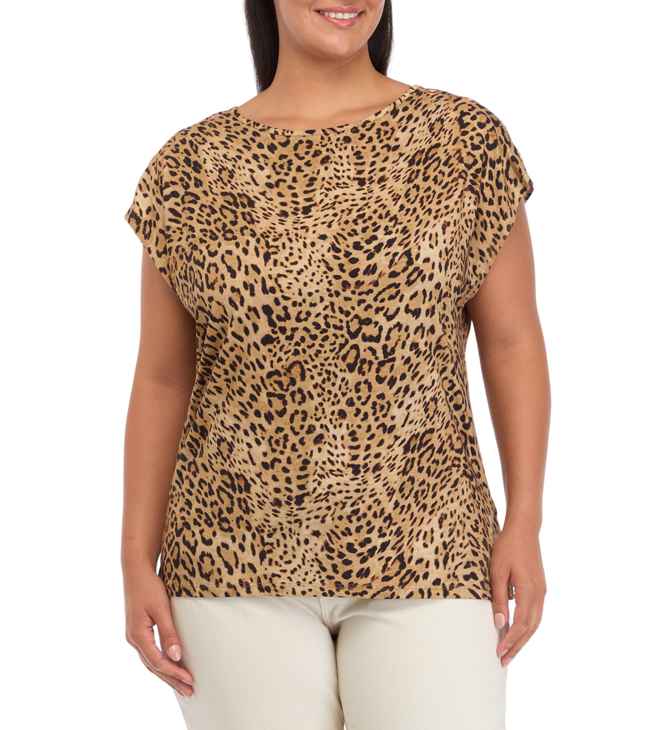 Plus Size Leopard Print Rivet Detail Cap Sleeve Tank Top