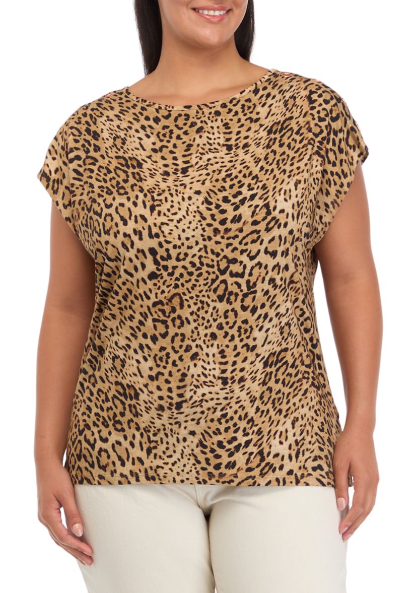 Plus Size Leopard Print Rivet Detail Cap Sleeve Tank Top