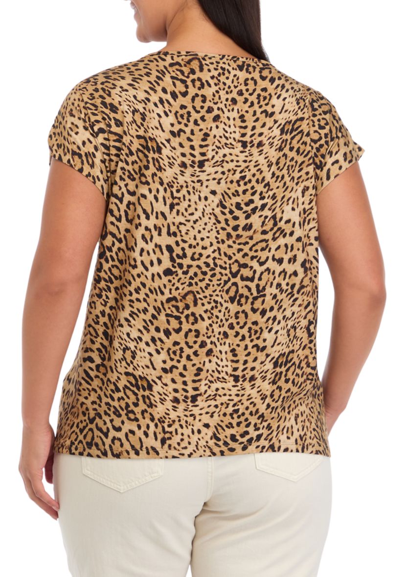 Plus Size Leopard Print Rivet Detail Cap Sleeve Tank Top