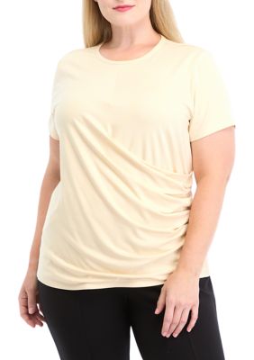 ELLA Rafaella Women's Plus Size Asymmetrical Wrap Short Sleeve Top, White, 3X