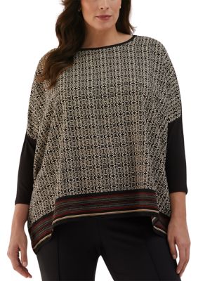 ELLA Rafaella Women's Plus Size Medallion Print Knit Woven 3/4 Sleeve Top, Black, 3X/4X