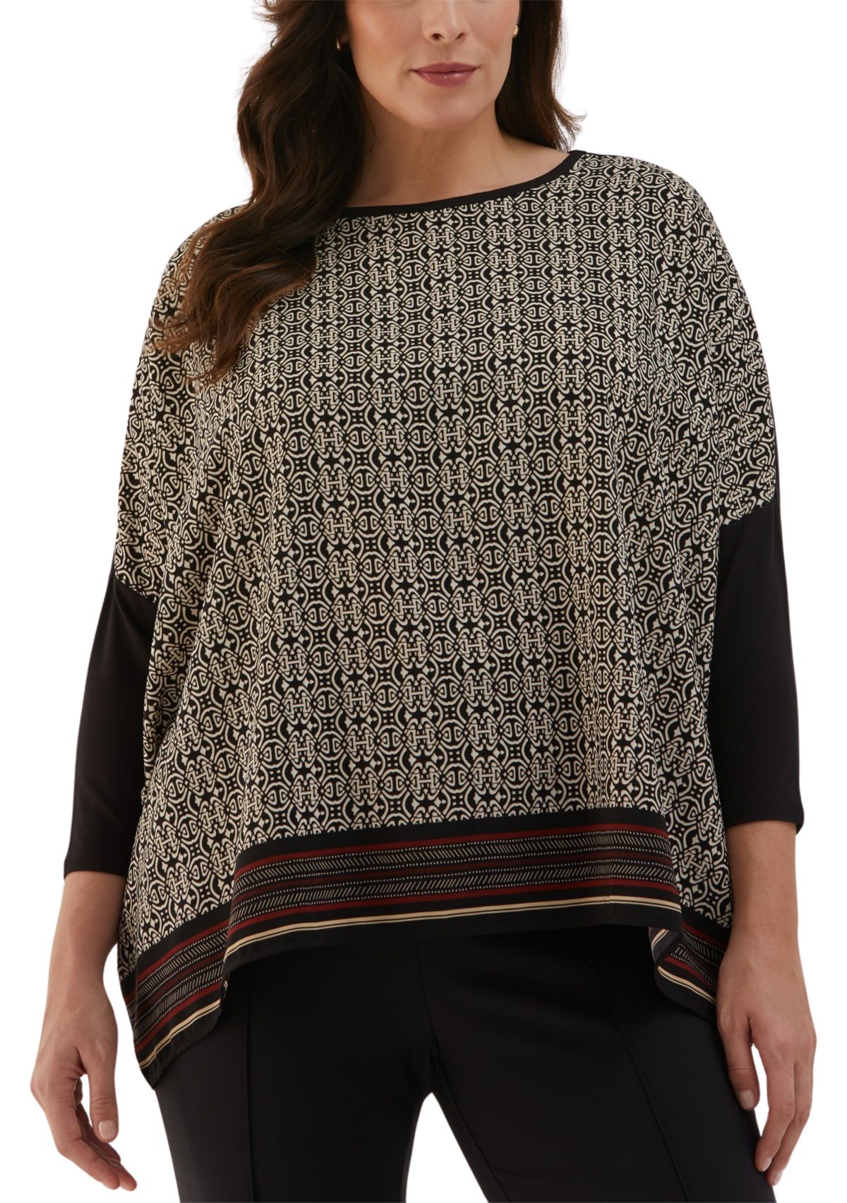 Plus Size Medallion Print Knit Woven 3/4 Sleeve Top