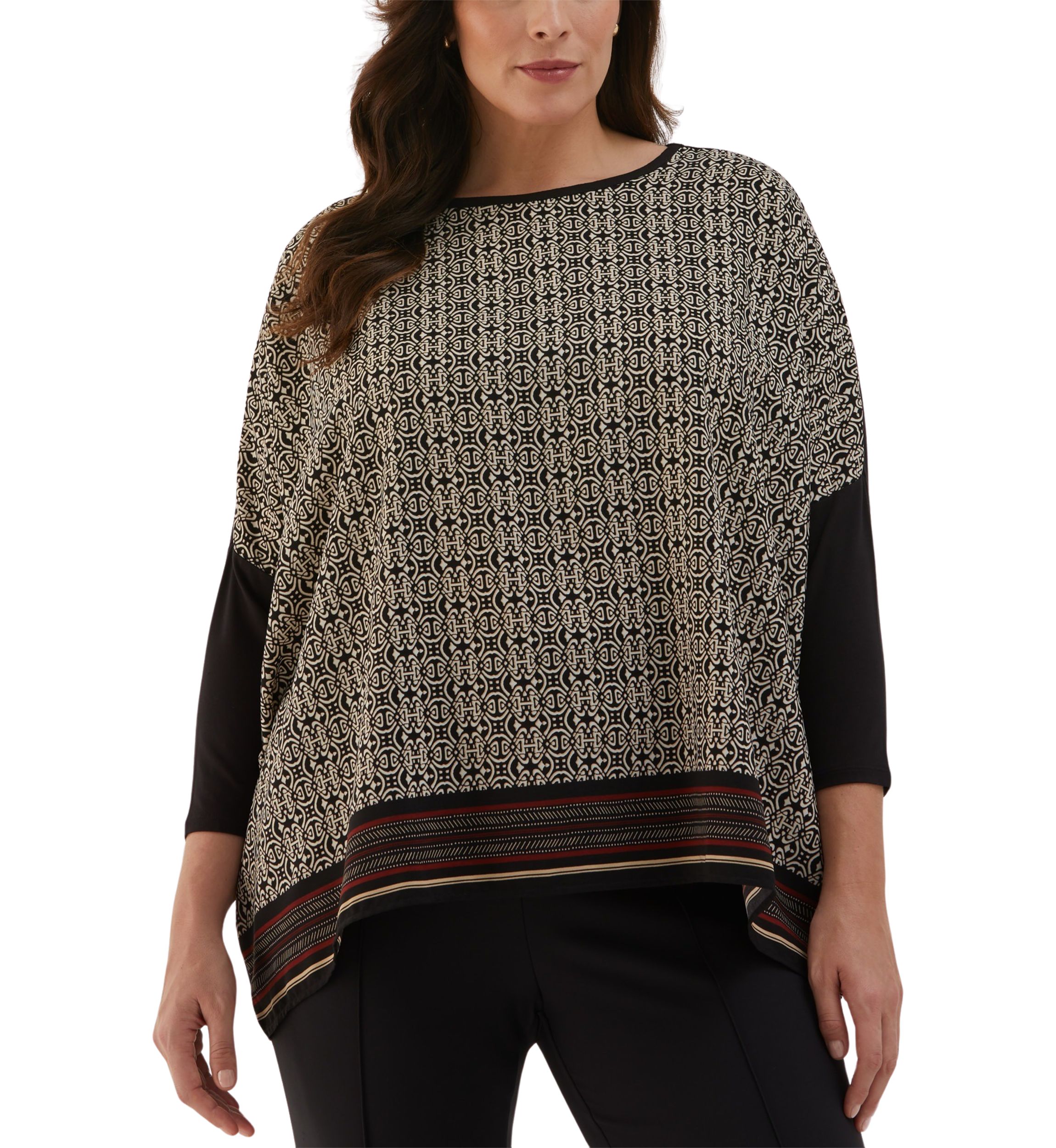 Plus Size Medallion Print Knit Woven 3/4 Sleeve Top