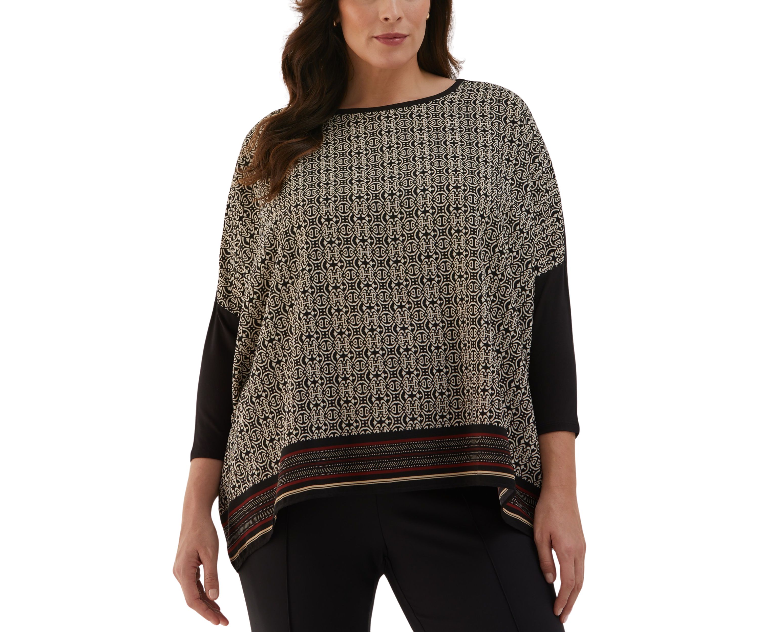 Plus Size Medallion Print Knit Woven 3/4 Sleeve Top