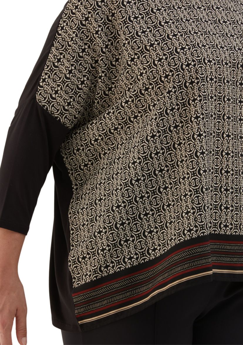 Plus Size Medallion Print Knit Woven 3/4 Sleeve Top