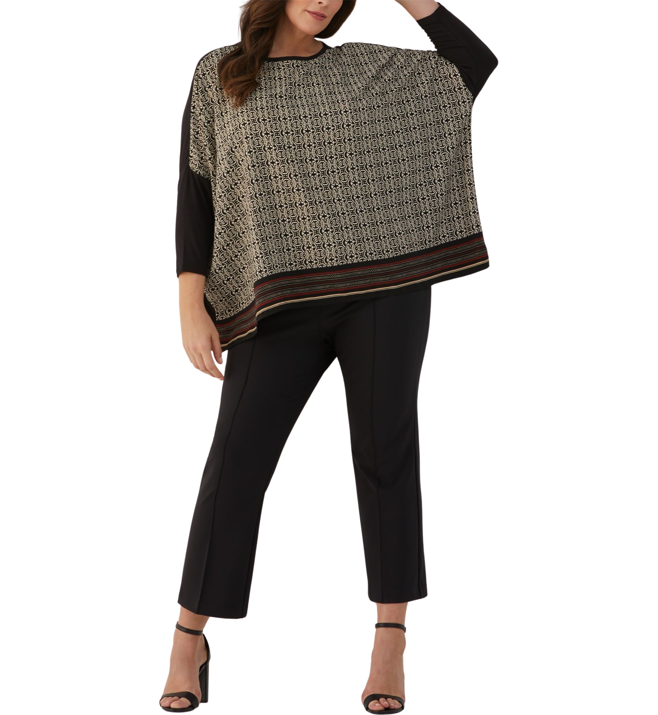 Plus Size Medallion Print Knit Woven 3/4 Sleeve Top