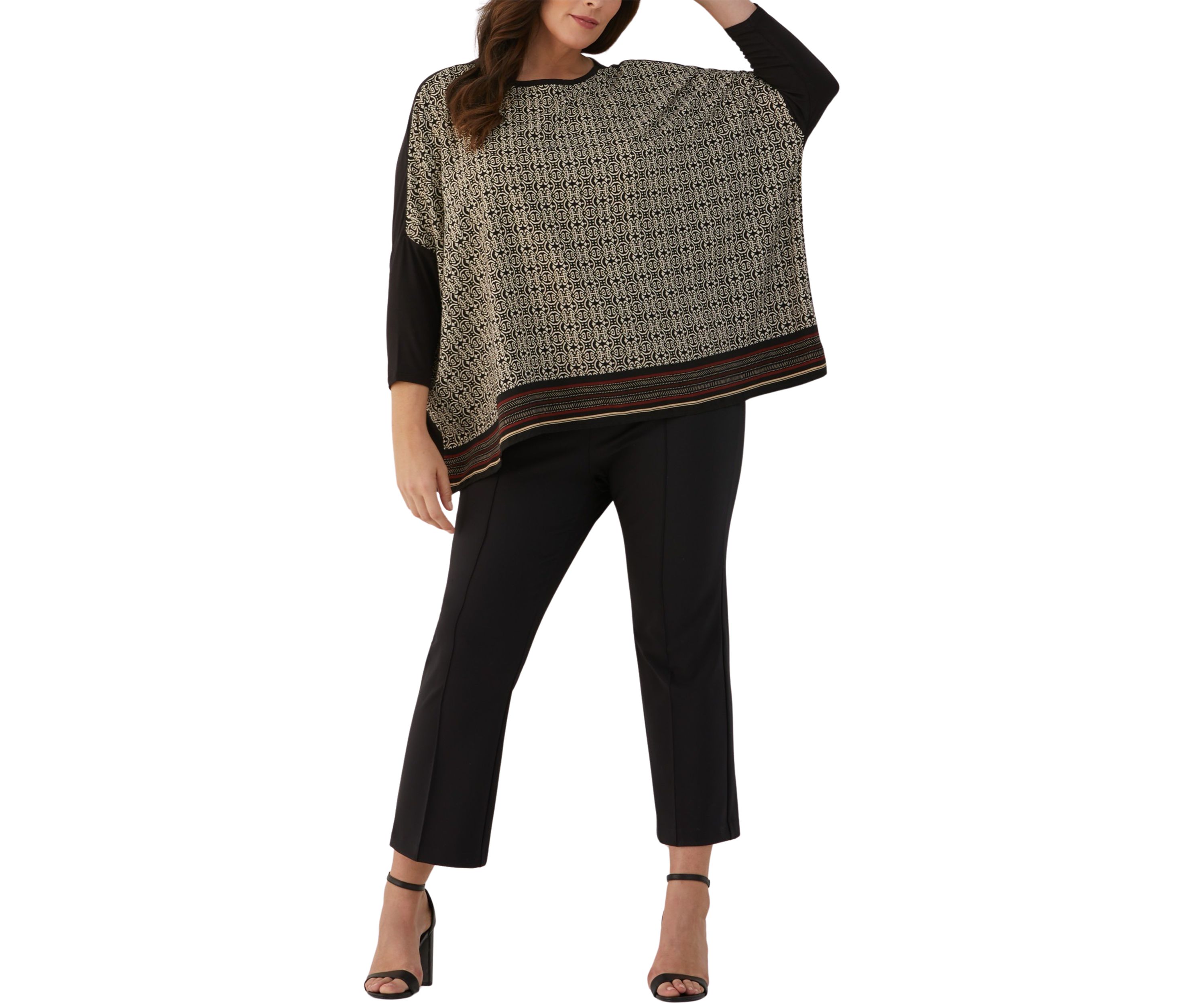 Plus Size Medallion Print Knit Woven 3/4 Sleeve Top