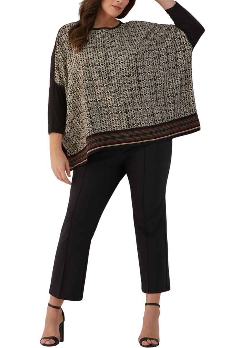Plus Size Medallion Print Knit Woven 3/4 Sleeve Top