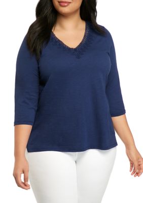 Rafaella Plus Size 3/4 Sleeve Lace Trim V-Neck Top | belk